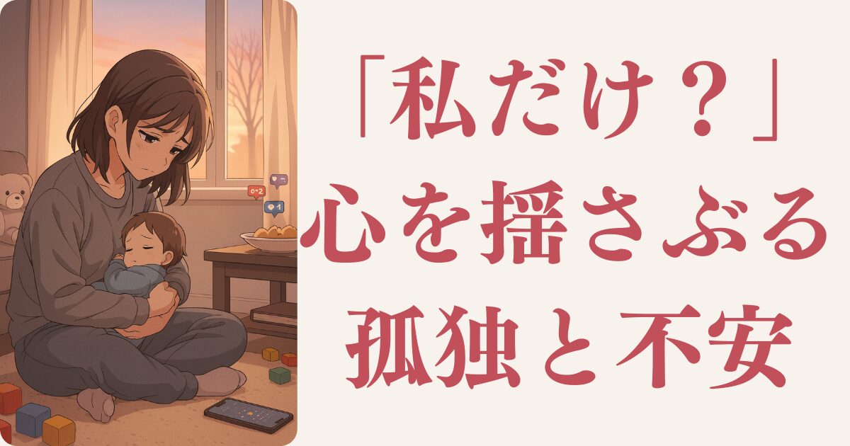 抱っこした赤ちゃんを見つめながら不安そうな表情のママ。SNSの通知が浮かぶ夕暮れの部屋で、孤独を感じている様子が描かれたアニメ風イラスト